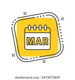 Cartoon monthly calendar icon vector illustration. March on isolated yellow square background. Calendar leaf sign concept.