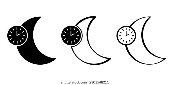 Cartoon moon alarm clock, sleep time. Face eye, sleep icon, night dreams and bedtime idea. sheep, sleeping or wake up sign. Sweet dreams. Zzz, Zzzz, snooze bed sleep snore symbol. ringing pictogram.