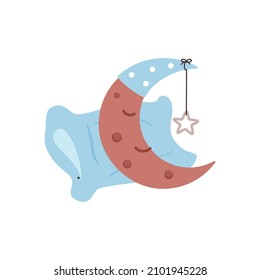 A cartoon moon in a cap with a star is sleeping on a pillow. Color vector illustration. White isolated background.