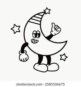 Cartoon moon character with arms and legs, smiling and giving a thumbs up. Surrounded by stars, the moon character is playful and whimsical. Line art illustration vector.