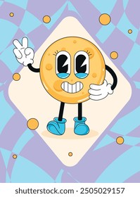 Personaje de luna de dibujos animados con ojos grandes y signo de paz Vector