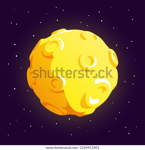 Cartoon moon with craters glows in\
space. Planet or asteroid - pseudo 3d. Vector\
illustration