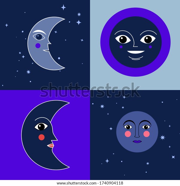 Cartoon Moon Faces Backgroungd Starts Set Stock Vector Royalty Free