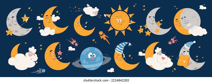 Cartoon moon flat icons set with childish decor for bed room vector illustration