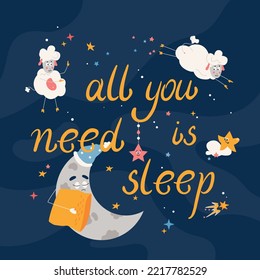 Cartoon moon flat postcard with cartoon jumping sheep vector illustration