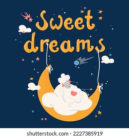 Cartoon moon flat cartoon postcard with sleepy sheep vector illustration