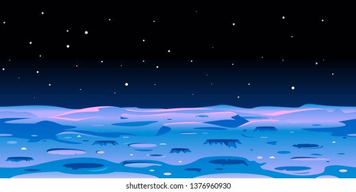 Cartoon Moon landscape with craters on space with stars, fantastic planet surface illustration