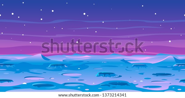 Cartoon Moon landscape with craters on space\
with stars, game background tileable horizontally, fantastic planet\
blue surface\
illustration