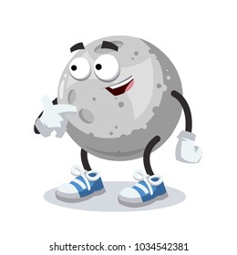 cartoon moon mascot showing himself on a white background