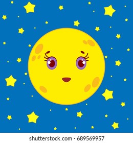 The cartoon moon on a background of a night starry sky