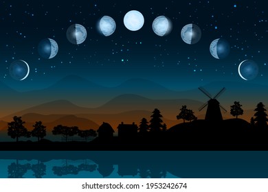 Cartoon moon phases. Whole cycle from new moon to full. Lunar cycle change. New, waxing, quarter, crescent, half, full, waning, eclipse. Space of cosmos.Night sky and landscape with countryside.Vector