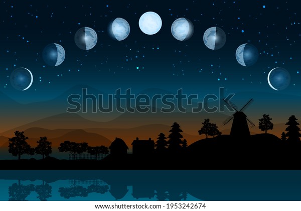 Cartoon moon phases. Whole cycle from\
new moon to full. Lunar cycle change. New, waxing, quarter,\
crescent, half, full, waning, eclipse. Space of cosmos.Night sky\
and landscape with\
countryside.Vector