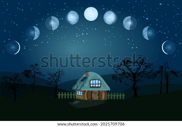 Cartoon moon phases.Whole cycle from new\
moon to full. Lunar cycle change.New, waxing, quarter, crescent,\
half, full, waning, eclipse.Space of cosmos.Night sky and landscape\
with home and\
trees.Vector