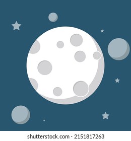 Luna de dibujos animados con planetas y estrellas en el espacio exterior nocturno. Ilustración vectorial.