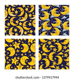 Cartoon moon seamless pattern vector moonlight star character in night sky illustration background childish yellow moony cloud backdrop moonlit banner.