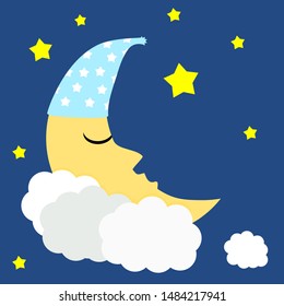 cartoon moon sleeping on soft white clouds with star in night sky, vector illustration