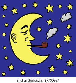 Cartoon Moon Smoking Pipe