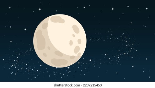 Cartoon moon in space with stars around,  science illustration with space for text, planet, astronomy concept background