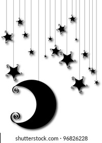 Cartoon moon and star silhouette isolated on white