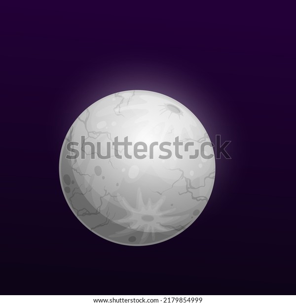 Cartoon moon star, vector satellite, space planet\
with craters and cracks on grey colored surface. Galaxy globe,\
glowing sphere in universe. Ui game object, isolated astronomy\
object in deep space