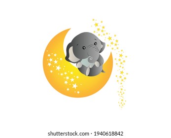 cartoon moon and stars in midnight. Abstract little elephant. Cute Baby elephant and Magic symbol vector illustration. kids bed background, Flat style for graphic and web design, sticker