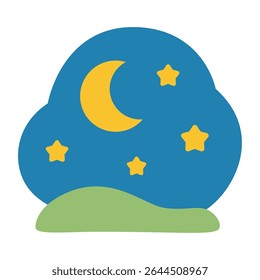 Cartoon Moon and Stars Over Green Hill