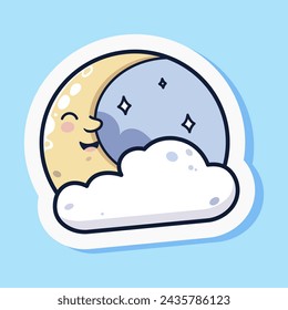 Cartoon moon sticker. Cute cartoon design, night sky with star. Yellow crescent and white cloud. Happy laughing character. Isolated on blue background. Vector illustration