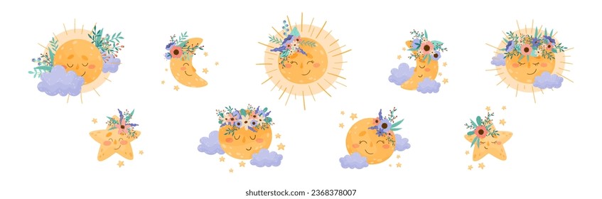 Cartoon Moon and Sun with Floral Adornment Shining at Night and By Day Vector Set