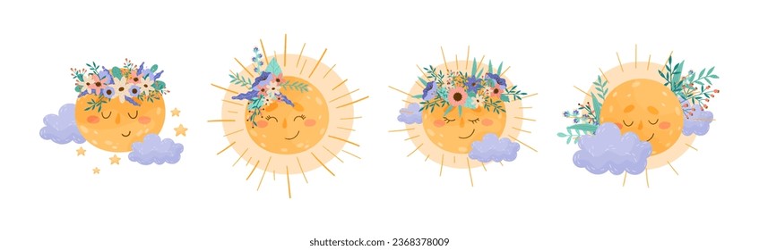 Cartoon Moon and Sun with Floral Adornment Shining at Night and By Day Vector Set