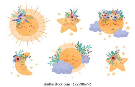 Cartoon Moon and Sun Shining at Night and By Day Vector Set