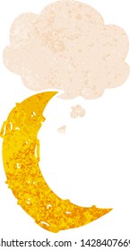 cartoon moon with thought bubble in grunge distressed retro textured style