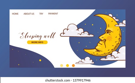 Cartoon moon vector landing page moonlight star character in night sky illustration web-page background childish yellow moony cloud set web-site backdrop moonlit bedtime banner.
