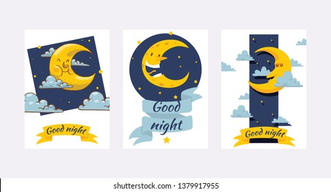 Cartoon moon vector moonlight star character in night sky illustration background childish yellow moony cloud set backdrop moonlit bedtime banner.