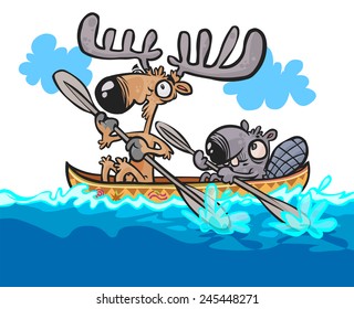 Cartoon Moose and Beaver friendly characters on canoe. 