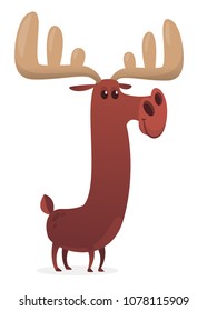 Cartoon moose character with big horns. Vector illustration isolated. Poster design of sticker