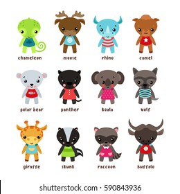 Cartoon moose or deer, baby chameleon or smiling rhino, camel and polar bear, panther and jungle koala, wolf and safari giraffe, skunk and racoon or coon, american buffalo. Humor and animal theme