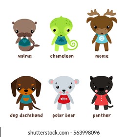 Cartoon moose or deer, walrus baby or forest morse, elk or reindeer, dog and white or polar bear, jungle panther and dachshund hound in clothing, chameleon lizard. Funny animals and child, kid mammal