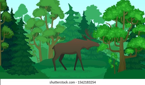 Cartoon moose in forest landscape. Deer silhouette in woods, green forests trees. Wildlife elk Norway or Canada tourism mascot, forests moose horn mammal, animal on nature vector illustration