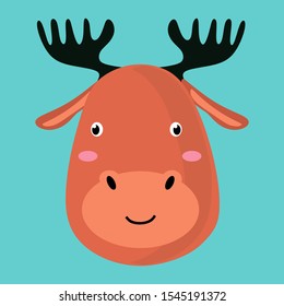 Cartoon moose head vector. Cute moose snout in flat style isolated on blue background. Beautiful animal face in flat style. Funny wild moose head. Colorful vector illustration 