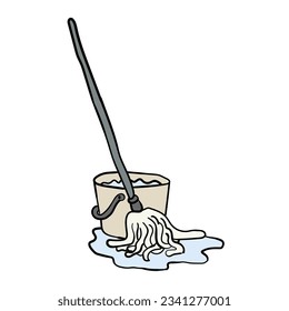 Cartoon mop and bucket for cleaning the house hand-drawn isolated on a white background. Flat design. Vector illustration.