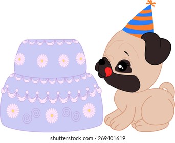Cartoon mops girl puppy with birthday cake.

