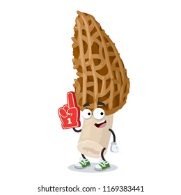 cartoon morel mushroom character mascot with the number 1 one sports fan hand glove on a white background