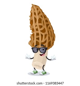 cartoon morel mushroom character mascot in black sunglasses on a white background