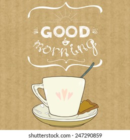 Cartoon morning cup of coffee. Hand drawn cup and hand written lettering Good Morning, isolated on brown kraft paper background.