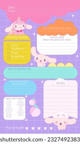 Cartoon Morning meditation, today focus, everyday routine, personal planer, tracker, bunny, to do list, wish list, inspiration, memo page for notebook , mood, mental health organizer kawaii 