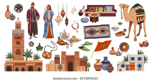 Caricatura de Elementos de Marruecos. Viajes turísticos, sabor nacional, hombre, mujer con vestimenta tradicional, comida árabe, arquitectura, artículos de mesa y de interior y recuerdos, conjunto aislado de Vector ordenado