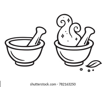 Cartoon mortar and pestle, magic potion making line art drawing. Vector illustration.