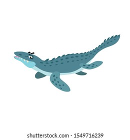 Cartoon Mosasaurus. Flat simple style water predator dinosaur. Jurassic world sea dangerous animal. Vector illustration for kid education or party design elements. Isolated on white background.