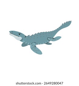Cartoon Mosasaurus. Flat simple style water predator dinosaur. Jurassic age sea dangerous animal. Vector illustration for kid education or party design elements. Isolated on white background.