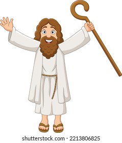 Cartoon Moses Holding Wooden Staff With Open Arms